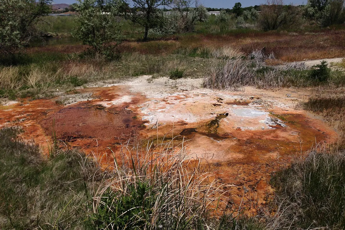 Orange and white mineral deposits around small hot springs near the Elko Hot Hole
