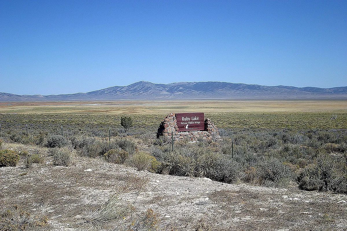 Ruby Lake National Wildlife Refuge sign in open sagebrush valley